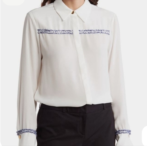 BCBGeneration | White Long Sleeve Blouse with Blue Trim Details Size XL - Picture 2 of 7